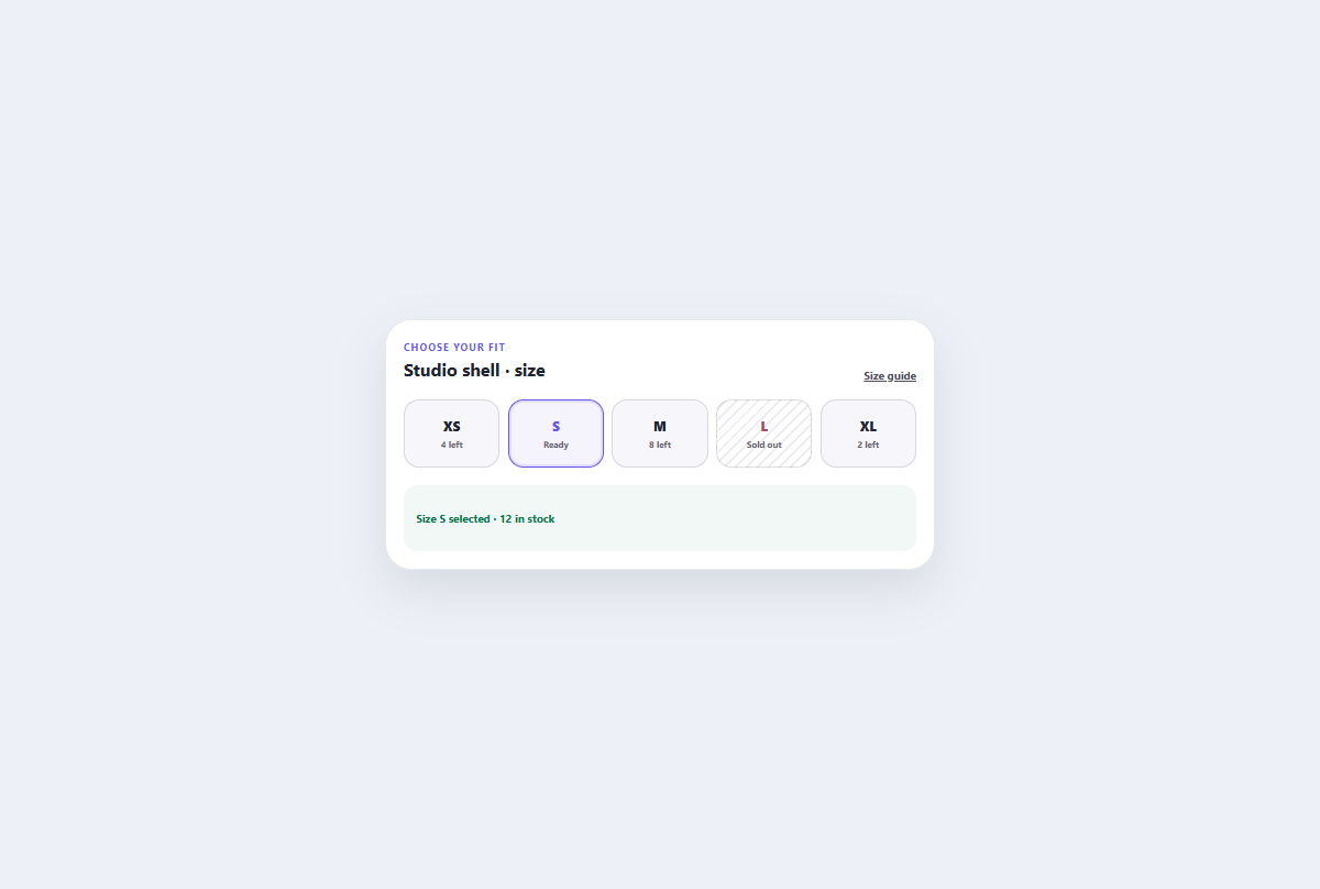 Preview of Size and stock selector