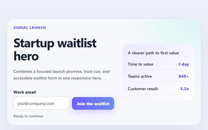 Preview of Startup waitlist hero