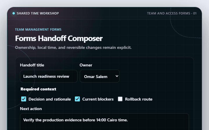 Preview of Handoff Composer · Team and access forms