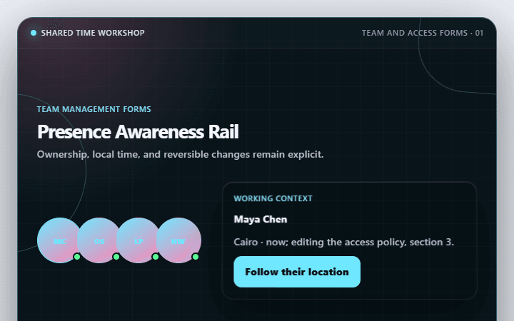 Preview of Presence Awareness Rail · Team and access forms