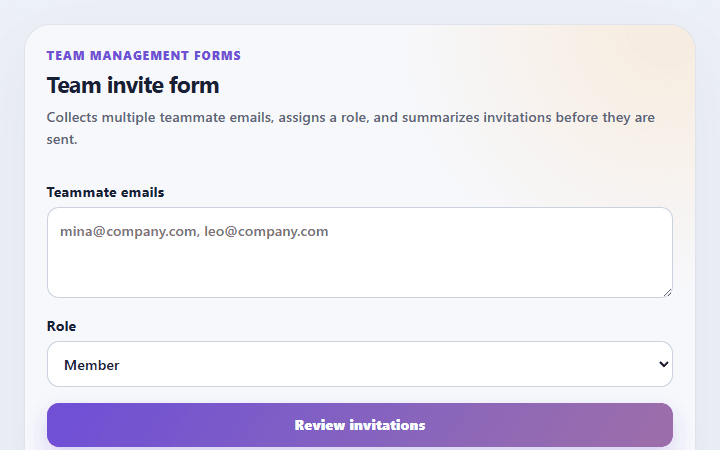 Preview of Team invite form